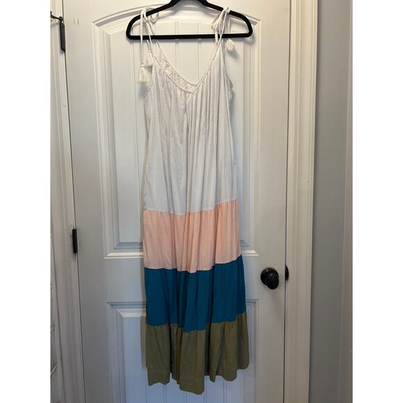 Old Navy Women’s Tasseled Color Block Flowy Summer Maxi Dress Size M White Pink - Picture 2 of 6